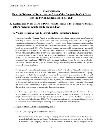 Miniature Maytronics Rapport trimestriel 2024-q1