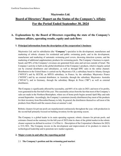 Miniature Maytronics Rapport trimestriel 2024-q3