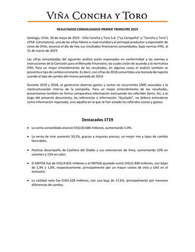 Thumbnail Viña Concha y Toro Quarterly Report 2019-q1