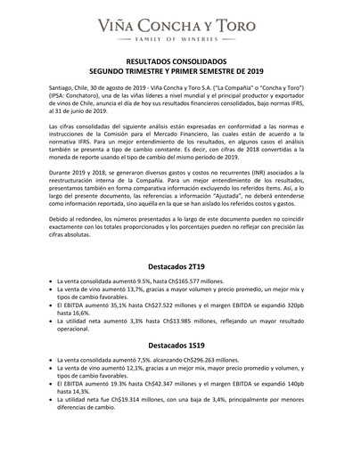 Thumbnail Viña Concha y Toro Quarterly Report 2019-q2