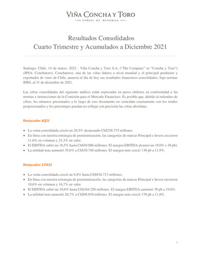 Thumbnail Viña Concha y Toro Quarterly Report 2021-q4