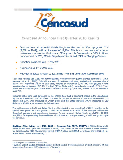 Thumbnail Cencosud
 Quarterly Report 2010-q1