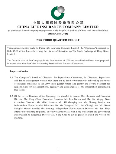 Thumbnail China Life Insurance Quarterly Report 2009-q3