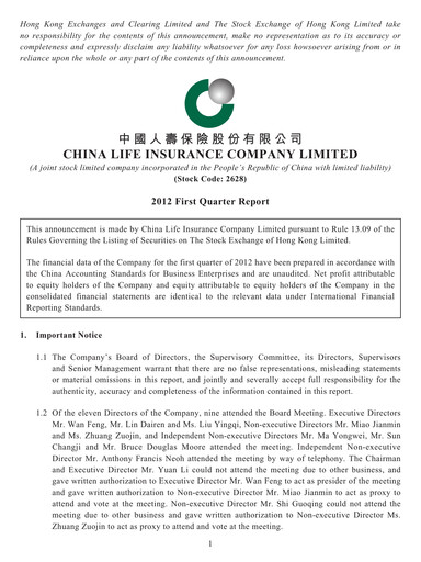 Thumbnail China Life Insurance Quarterly Report 2012-q1