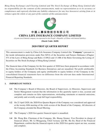 Thumbnail China Life Insurance Quarterly Report 2020-q1