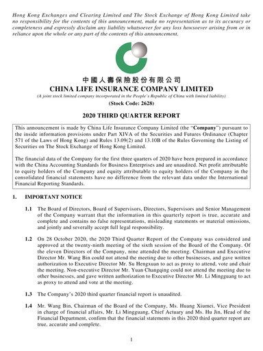Thumbnail China Life Insurance Quarterly Report 2020-q3