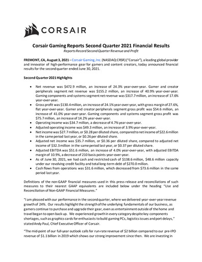 Thumbnail Corsair Gaming
 Quarterly Report 2021-q2