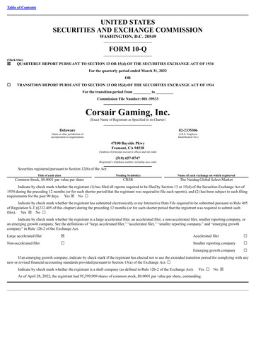 Thumbnail Corsair Gaming
 Quarterly Report 2022-q1