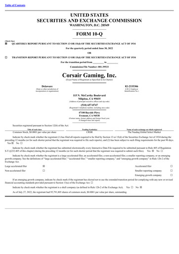 Thumbnail Corsair Gaming
 Quarterly Report 2022-q2