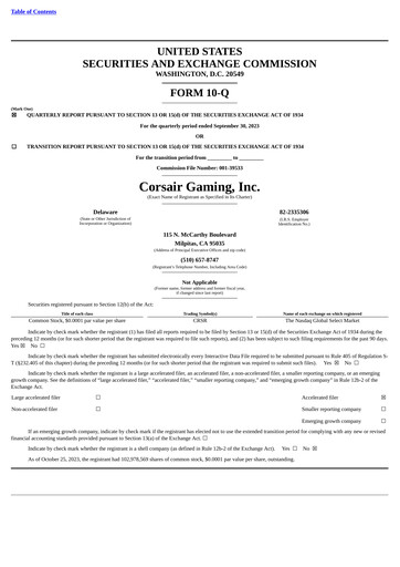Thumbnail Corsair Gaming
 Quarterly Report 2023-q3