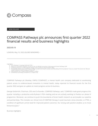 Miniature COMPASS Pathways Rapport trimestriel 2022-q1
