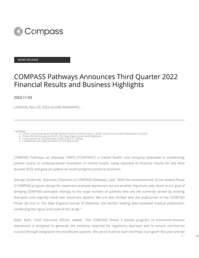 Miniature COMPASS Pathways Rapport trimestriel 2022-q3