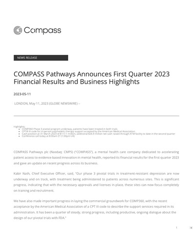 Miniature COMPASS Pathways Rapport trimestriel 2023-q1