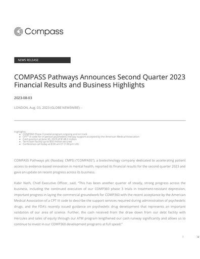 Miniature COMPASS Pathways Rapport trimestriel 2023-q2