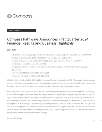 Miniature COMPASS Pathways Rapport trimestriel 2024-q1