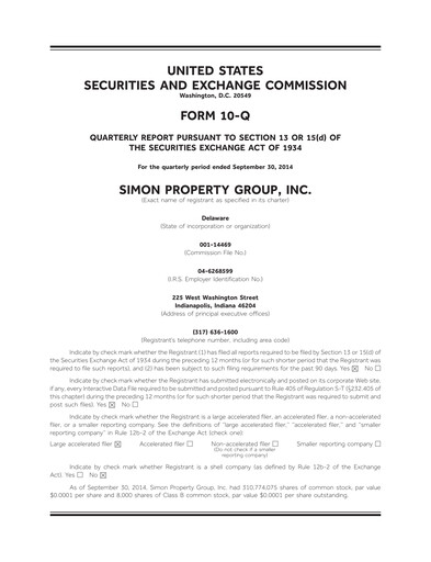 Thumbnail Simon Property Group Quarterly Report 2014-q3