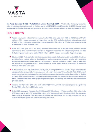 Vorschaubild Vasta Platform Quartalsbericht 2023-q3