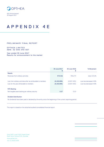 Miniature Opthea Rapport annuel 2016-2017