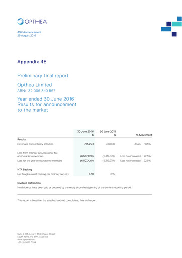 Thumbnail Opthea Financial Report 2016