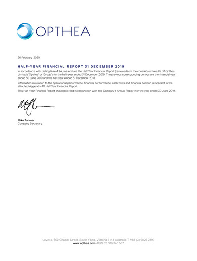 Thumbnail Opthea Financial Report 2020-h1