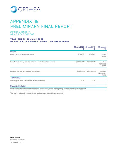 Thumbnail Opthea Financial Report 2020