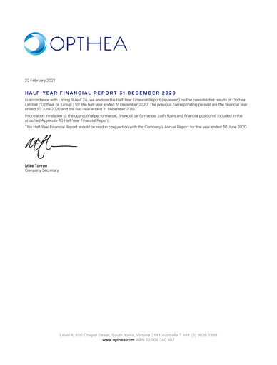 Thumbnail Opthea Financial Report 2021-h1
