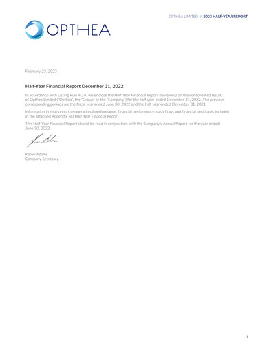 Thumbnail Opthea Financial Report 2023-h1