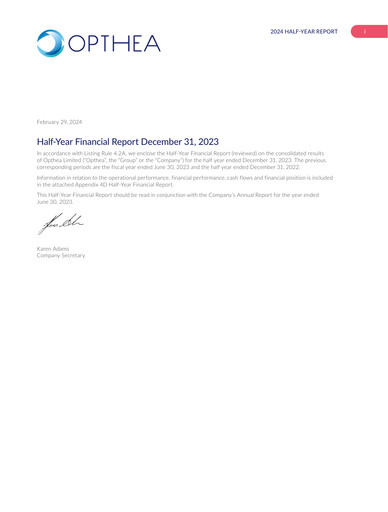 Thumbnail Opthea Financial Report 2024-h1