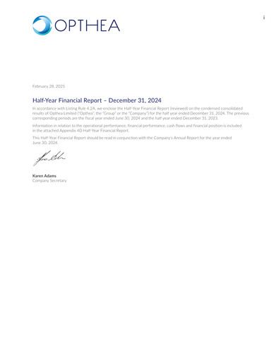 Thumbnail Opthea Financial Report 2025-h1