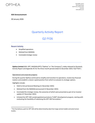 Thumbnail Opthea Quarterly Report 2026-q2