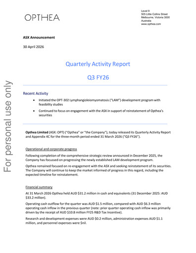 Vorschaubild Opthea Quartalsbericht 2026-q3