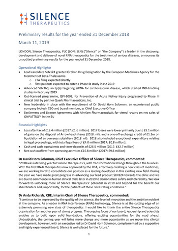 Thumbnail Silence Therapeutics Financial Report 2018