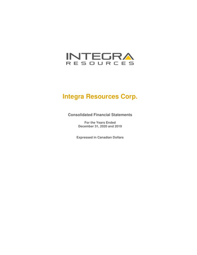 Thumbnail Integra Resources Financial Statement 2020
