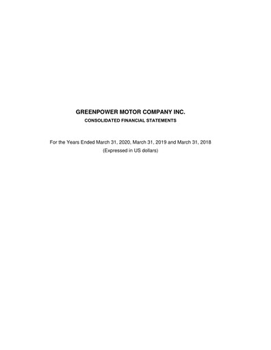 Thumbnail GreenPower Motor Company Financial Statement fy2020