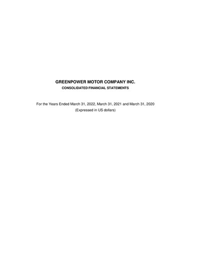 Thumbnail GreenPower Motor Company Financial Statement fy2022