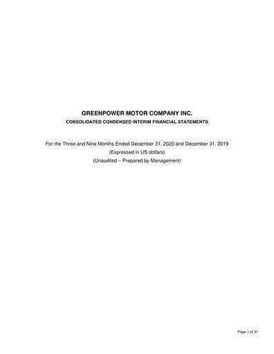 Thumbnail GreenPower Motor Company Quarterly Report fy2021-q3