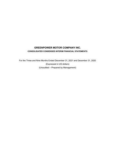 Thumbnail GreenPower Motor Company Quarterly Report fy2022-q3