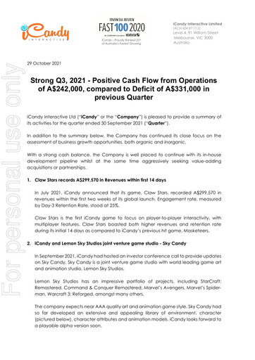 Vorschaubild iCandy Interactive Quartalsbericht 2021-q3