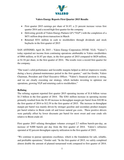 Thumbnail Valero Energy Quarterly Report 2015-q1