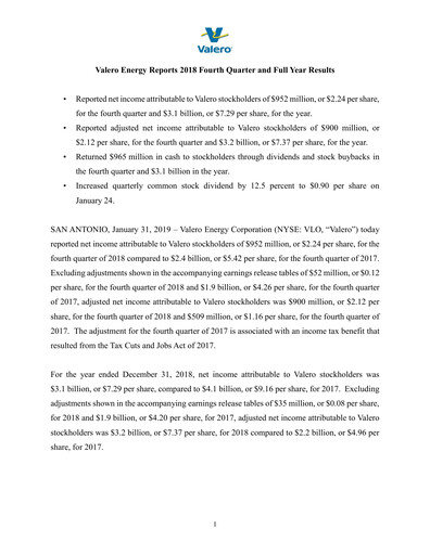 Thumbnail Valero Energy Quarterly Report 2018-q4