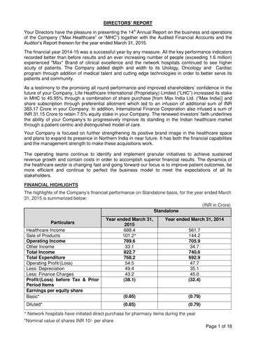 Thumbnail Max Healthcare Institute Annual Report 2014-2015