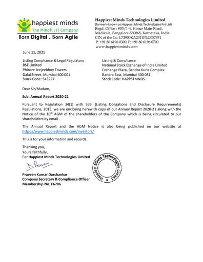 Thumbnail Happiest Minds Technologies Annual Report 2020-2021