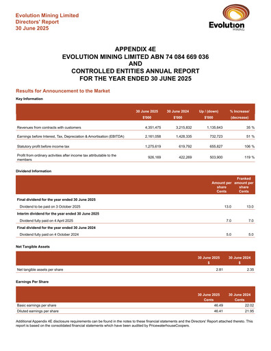 Thumbnail Evolution Mining
 Financial Statement 2025