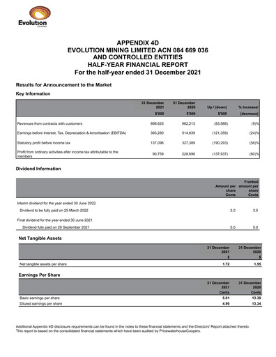 Thumbnail Evolution Mining
 Half-year Report 2021-h1