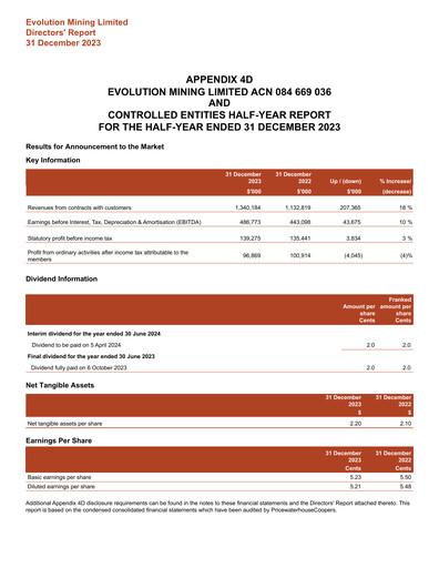 Thumbnail Evolution Mining
 Half-year Report 2023-h1