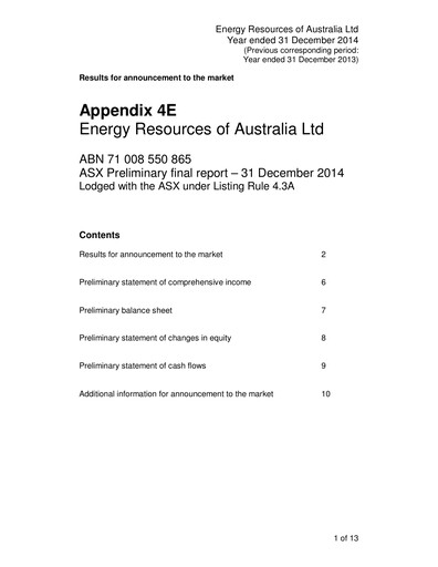 Thumbnail Energy Resources of Australia Financial Report 2014