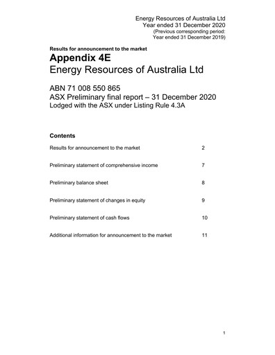 Thumbnail Energy Resources of Australia Financial Report 2020