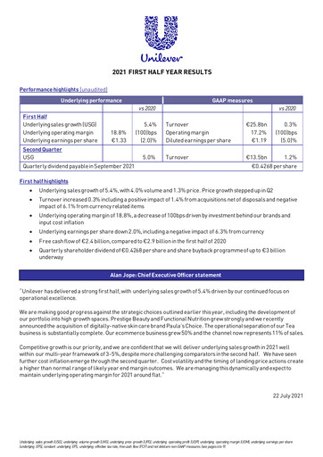Thumbnail Unilever Half-year Report 2021-h1