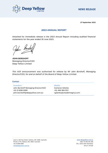 Thumbnail Deep Yellow Annual Report 2023