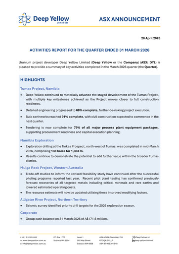 Thumbnail Deep Yellow Quarterly Report 2026-q1